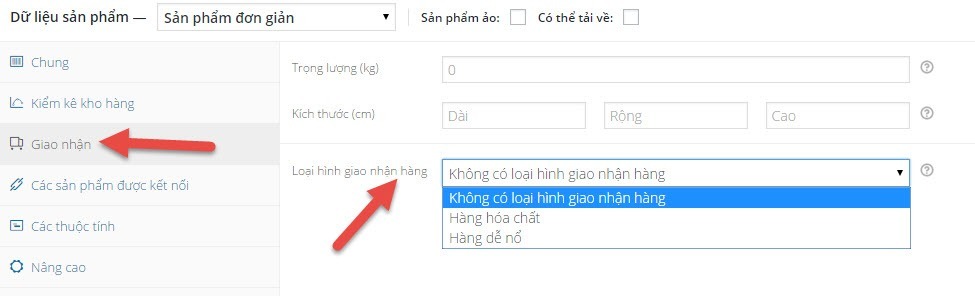 Áp dụng loại hình giao nhận cho sản phẩm. Mỗi sản phảm chỉ có một loại hình giao nhận duy nhất